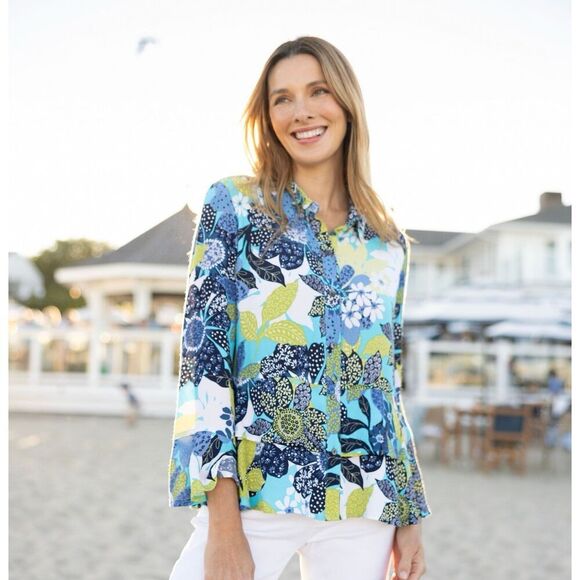 Habitat Floral Blouse Top Flare Flutter Sleeve Tiered Artsy Drapes Classic Large - Picture 4 of 16